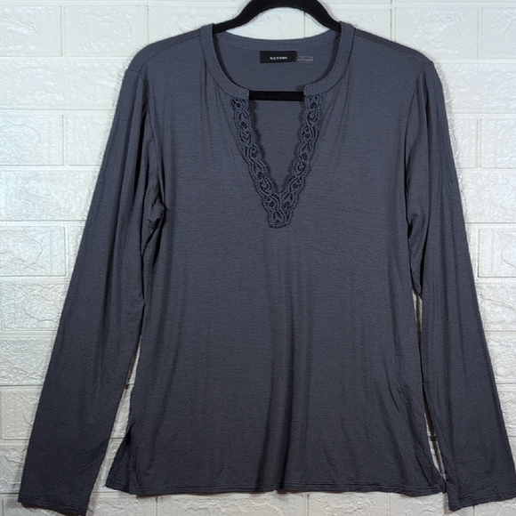 327-Nwot Natori Charcoal Lace Accent Long Sleeve Top - Picture 1 of 4